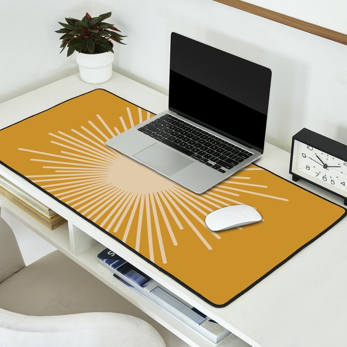 Mid Century Modern Sunburst in Dark Mustard and Beige Desk Mat Gallery Image 2