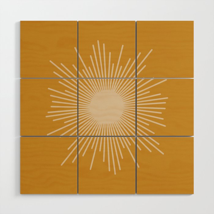 Mid Century Modern Sunburst in Dark Mustard and Beige Wood Wall Art Gallery Image 1