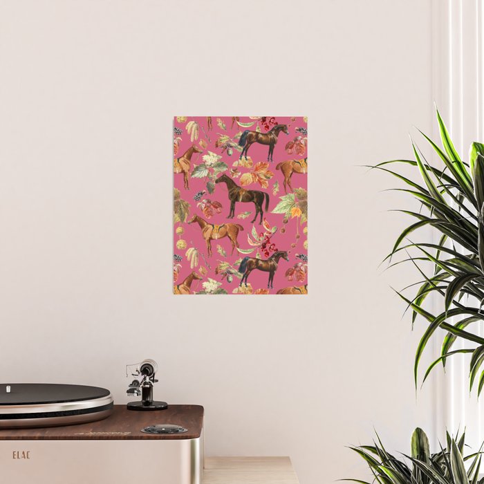 HORSES and Forest Plants on the Raspberry Pink Background  Poster Gallery Image 2