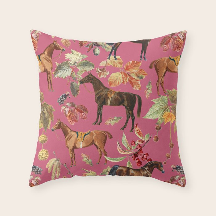 HORSES and Forest Plants on the Raspberry Pink Background  Throw Pillow Gallery Image 6
