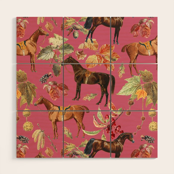 HORSES and Forest Plants on the Raspberry Pink Background  Wood Wall Art Gallery Image 1