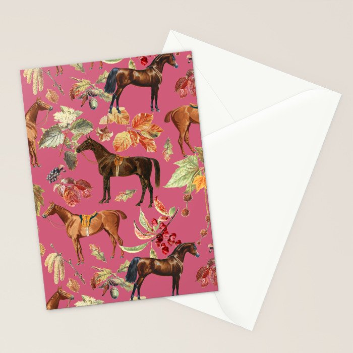 HORSES and Forest Plants on the Raspberry Pink Background  Stationery Card Gallery Image 2