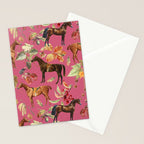 HORSES and Forest Plants on the Raspberry Pink Background  Stationery Card Gallery Image 2