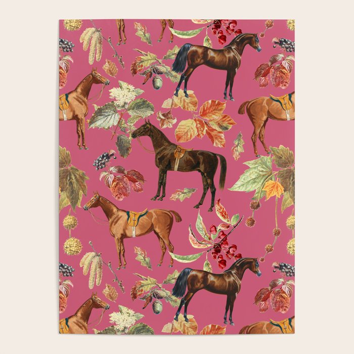 HORSES and Forest Plants on the Raspberry Pink Background  Poster Gallery Image 4