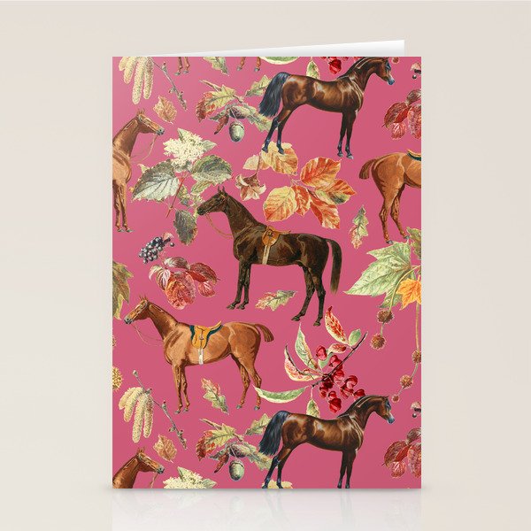 HORSES and Forest Plants on the Raspberry Pink Background  Stationery Card Gallery Image 2