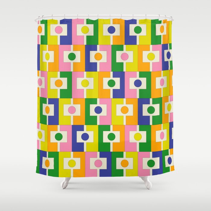 Colorful Retro Geometric Spring Rektangel Pattern with Yellow Shower Curtain Gallery Image 1