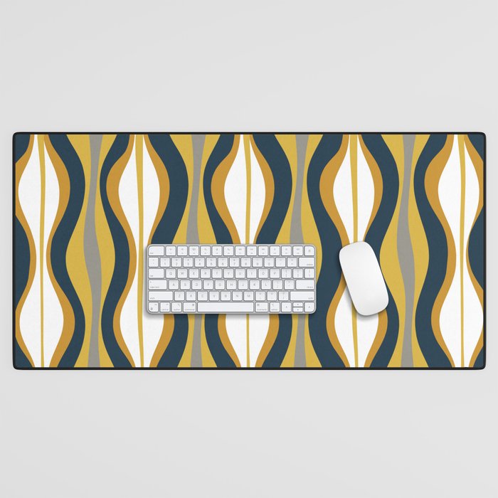 Hourglass Abstract Mid Century Modern Retro Pattern in Mustard Yellow, Navy Blue, Grey, and White Desk Mat Gallery Image 1
