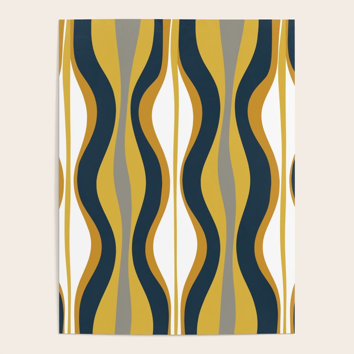 Hourglass Abstract Mid Century Modern Retro Pattern in Mustard Yellow, Navy Blue, Grey, and White Poster Gallery Image 1