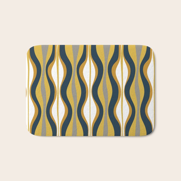 Hourglass Abstract Mid Century Modern Retro Pattern in Mustard Yellow, Navy Blue, Grey, and White Bath Mat Gallery Image 1