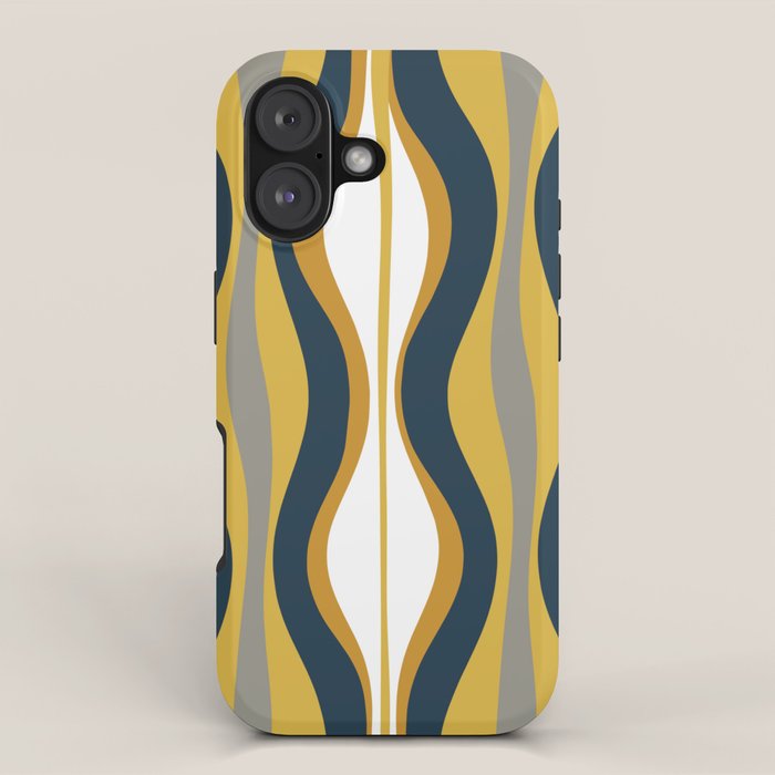 Hourglass Abstract Mid Century Modern Retro Pattern in Mustard Yellow, Navy Blue, Grey, and White iPhone Case Gallery Image 1