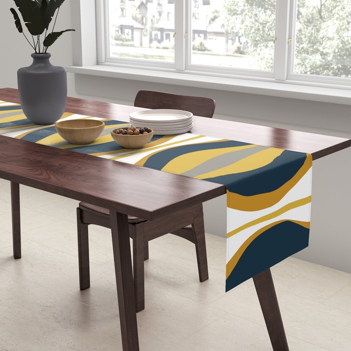 Hourglass Abstract Mid Century Modern Retro Pattern in Mustard Yellow, Navy Blue, Grey, and White Table Runner Gallery Image 2