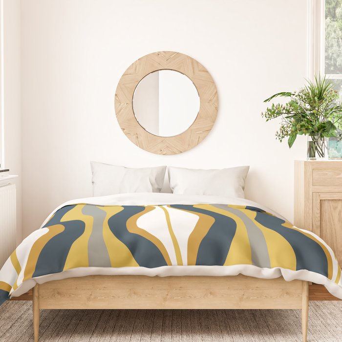 Hourglass Abstract Mid Century Modern Retro Pattern in Mustard Yellow, Navy Blue, Grey, and White Duvet Cover Gallery Image 3