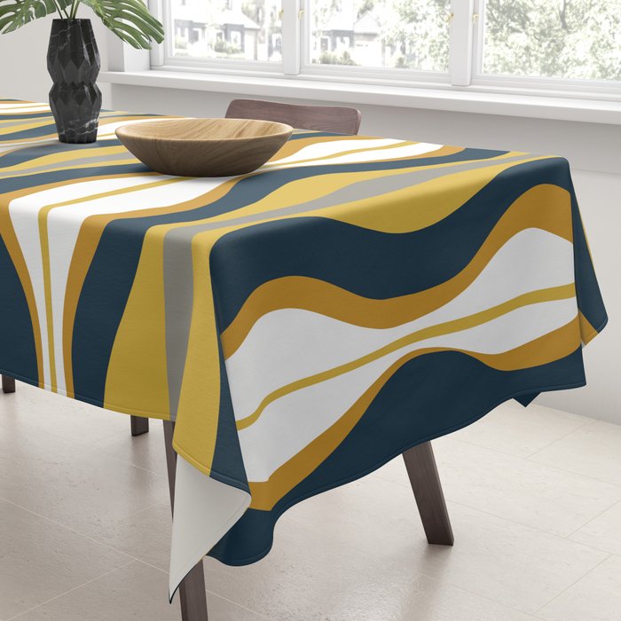 Hourglass Abstract Mid Century Modern Retro Pattern in Mustard Yellow, Navy Blue, Grey, and White Tablecloth Gallery Image 3