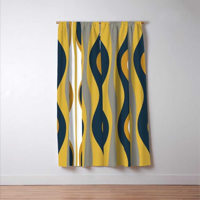 Hourglass Abstract Mid Century Modern Retro Pattern in Mustard Yellow, Navy Blue, Grey, and White Window Curtain Gallery Image 3