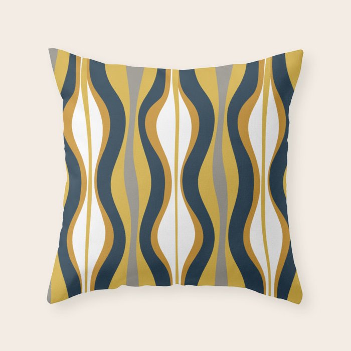 Hourglass Abstract Mid Century Modern Retro Pattern in Mustard Yellow, Navy Blue, Grey, and White Throw Pillow Gallery Image 1
