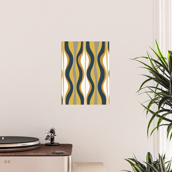 Hourglass Abstract Mid Century Modern Retro Pattern in Mustard Yellow, Navy Blue, Grey, and White Poster Gallery Image 2