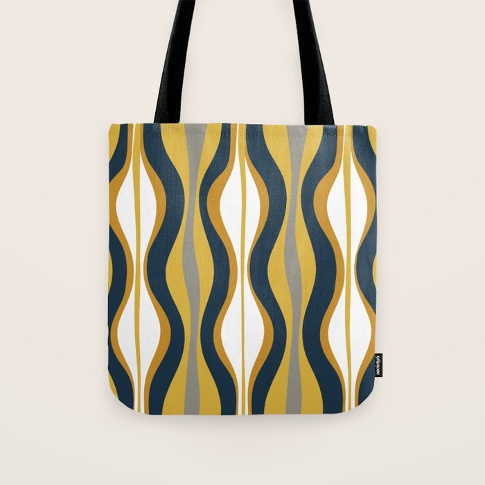 Hourglass Abstract Mid Century Modern Retro Pattern in Mustard Yellow, Navy Blue, Grey, and White Tote Bag Gallery Image 1