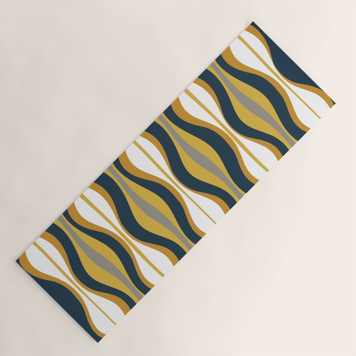 Hourglass Abstract Mid Century Modern Retro Pattern in Mustard Yellow, Navy Blue, Grey, and White Yoga Mat Gallery Image 1