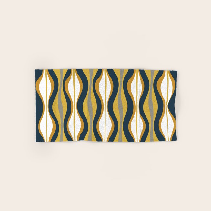 Hourglass Abstract Mid Century Modern Retro Pattern in Mustard Yellow, Navy Blue, Grey, and White Bath Towel Gallery Image 1