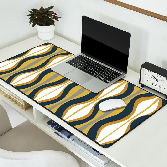 Hourglass Abstract Mid Century Modern Retro Pattern in Mustard Yellow, Navy Blue, Grey, and White Desk Mat Gallery Image 2