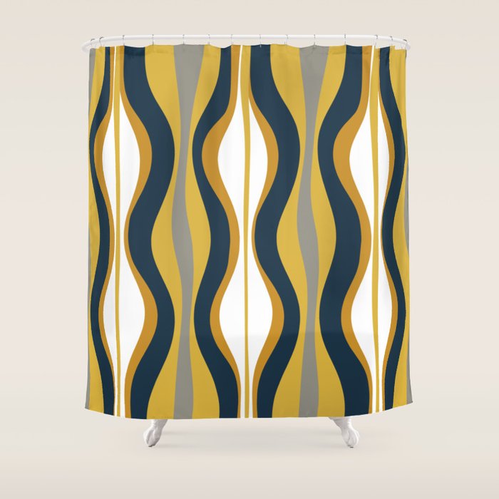 Hourglass Abstract Mid Century Modern Retro Pattern in Mustard Yellow, Navy Blue, Grey, and White Shower Curtain Gallery Image 1