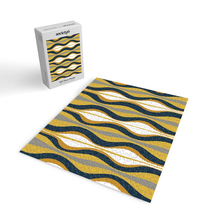 Hourglass Abstract Mid Century Modern Retro Pattern in Mustard Yellow, Navy Blue, Grey, and White Jigsaw Puzzle Gallery Image 2