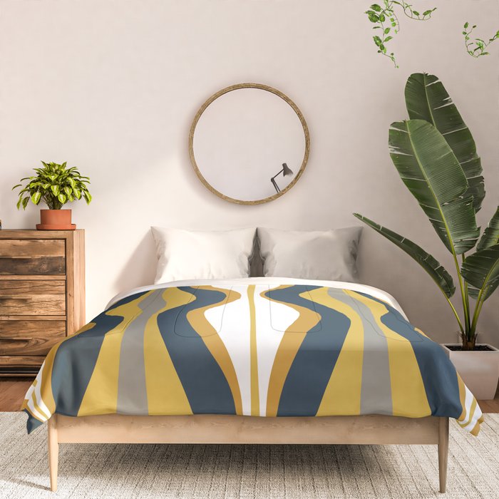 Hourglass Abstract Mid Century Modern Retro Pattern in Mustard Yellow, Navy Blue, Grey, and White Comforter Gallery Image 3