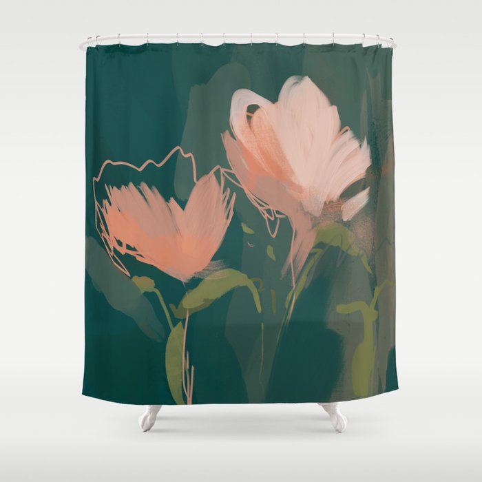Pink Pastel Flowers On Green Canvas. Shower Curtain Gallery Image 1