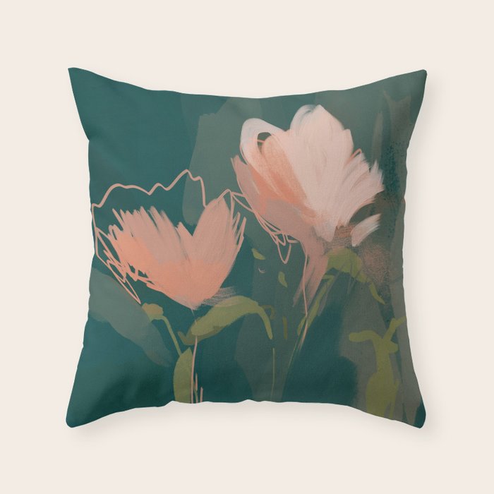 Pink Pastel Flowers On Green Canvas. Throw Pillow Gallery Image 1