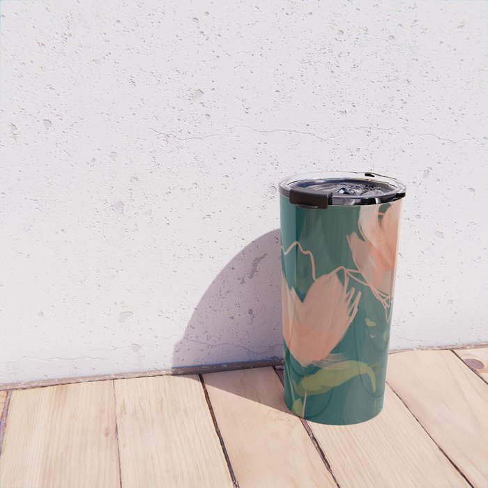 Pink Pastel Flowers On Green Canvas. Travel Mug Gallery Image 4