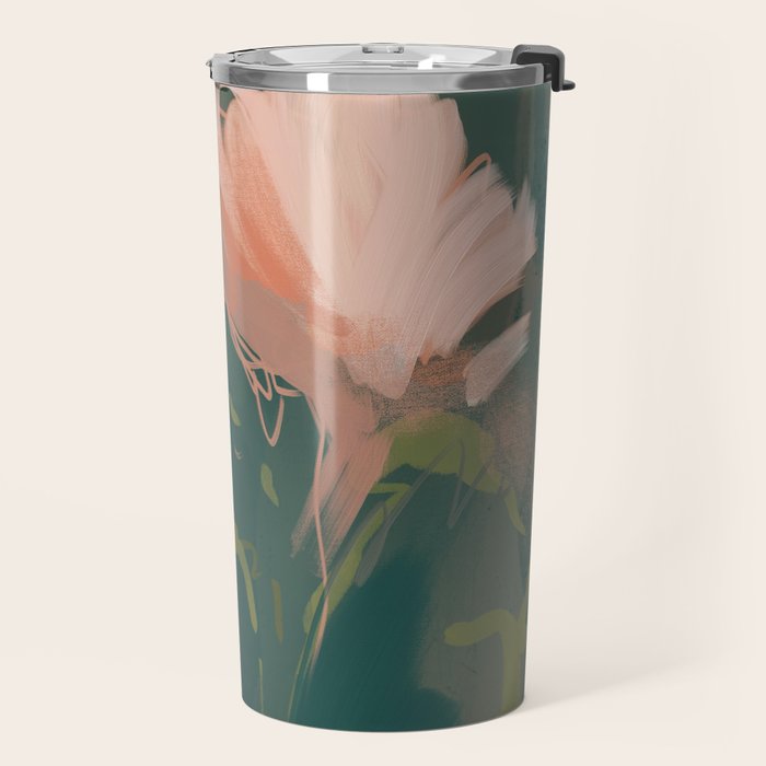 Pink Pastel Flowers On Green Canvas. Travel Mug Gallery Image 2