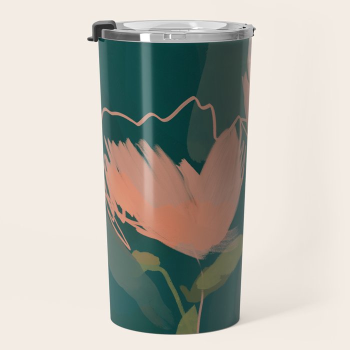 Pink Pastel Flowers On Green Canvas. Travel Mug Gallery Image 3