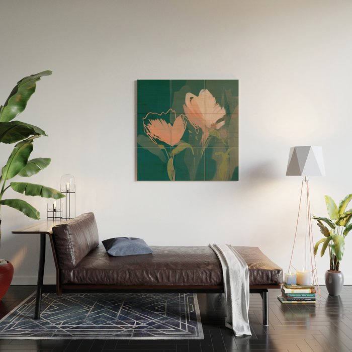Pink Pastel Flowers On Green Canvas. Wood Wall Art Gallery Image 2