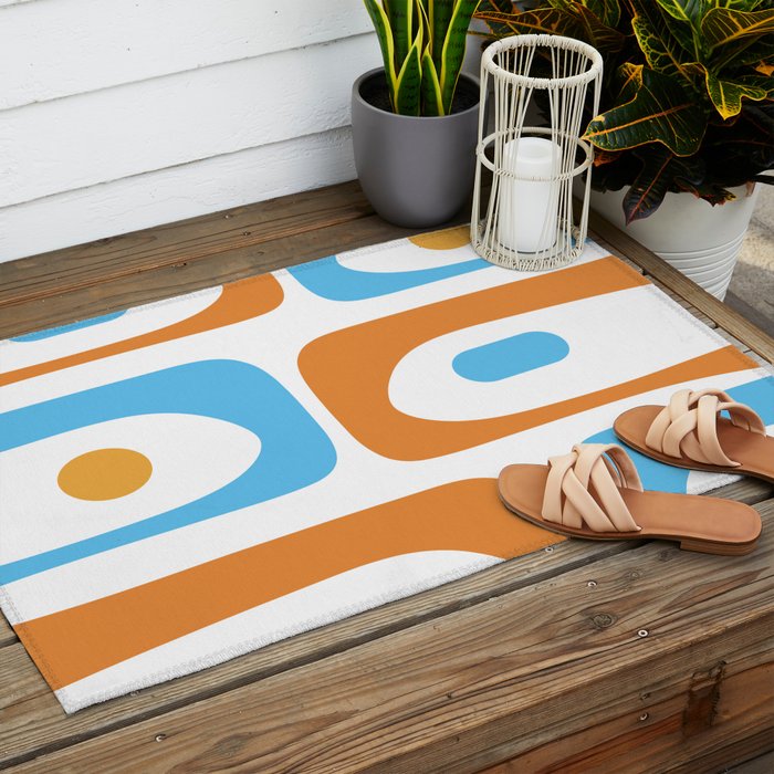 Mid Century Modern Abstract Piquet Blue Orange White Modernist Pattern Outdoor Rug Gallery Image 2