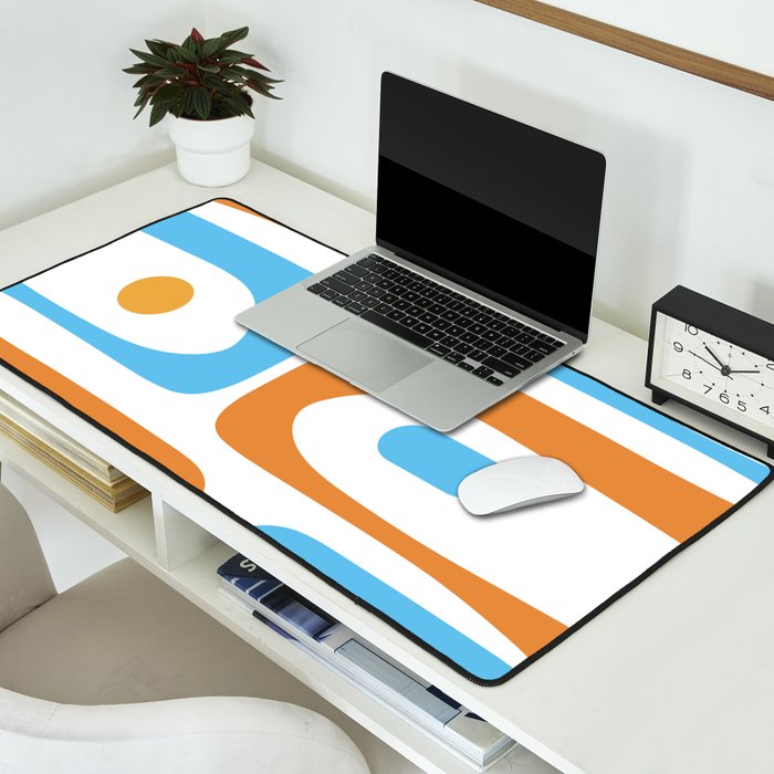 Mid Century Modern Abstract Piquet Blue Orange White Modernist Pattern Desk Mat Gallery Image 2