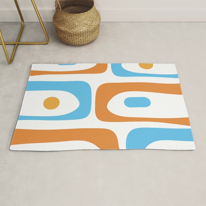 Mid Century Modern Abstract Piquet Blue Orange White Modernist Pattern Rug Gallery Image 1