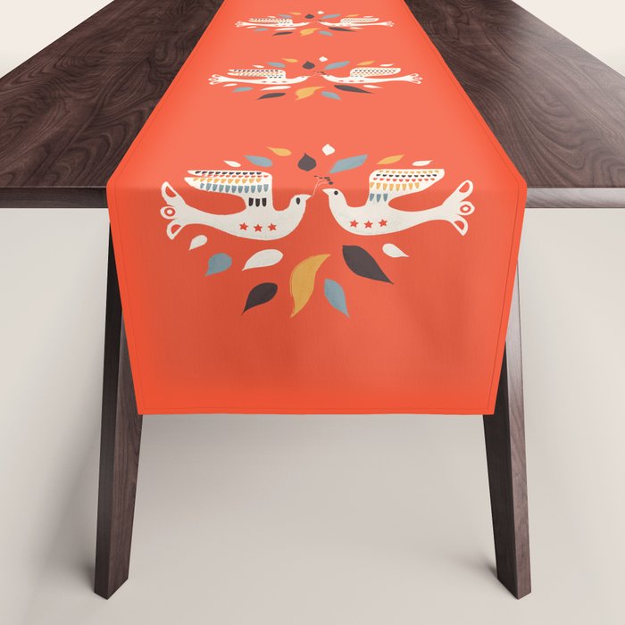 Festive doves - folk illustration Table Runner Gallery Image 1
