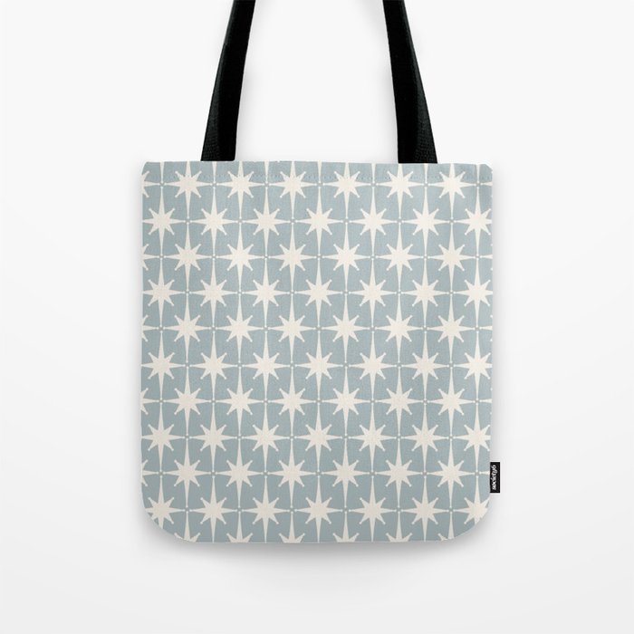 Midcentury Modern Atomic Starburst Pattern in Light Blue Gray and Cream Tote Bag Gallery Image 1