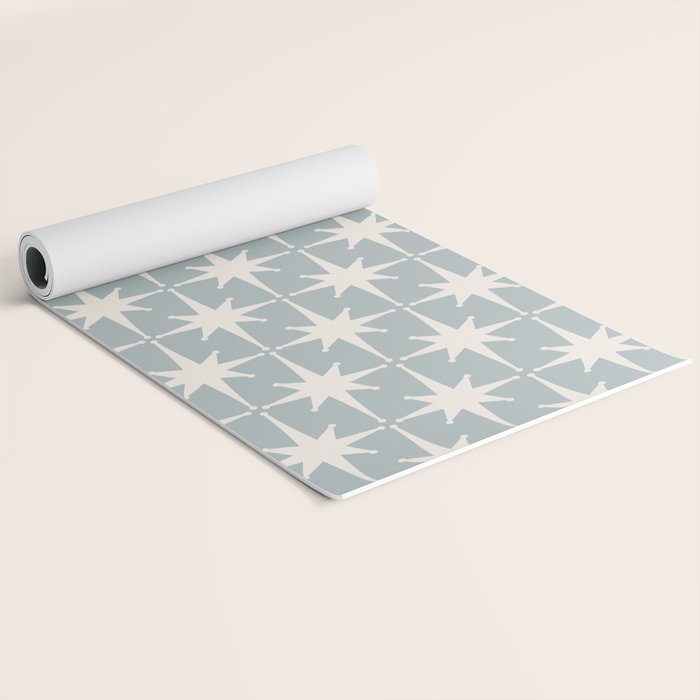 Midcentury Modern Atomic Starburst Pattern in Light Blue Gray and Cream Yoga Mat Gallery Image 2