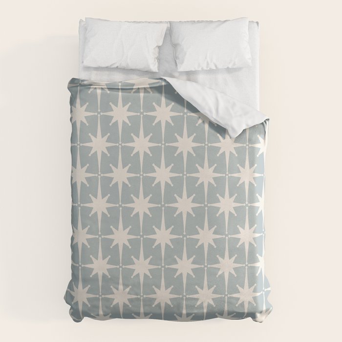Midcentury Modern Atomic Starburst Pattern in Light Blue Gray and Cream Duvet Cover Gallery Image 1