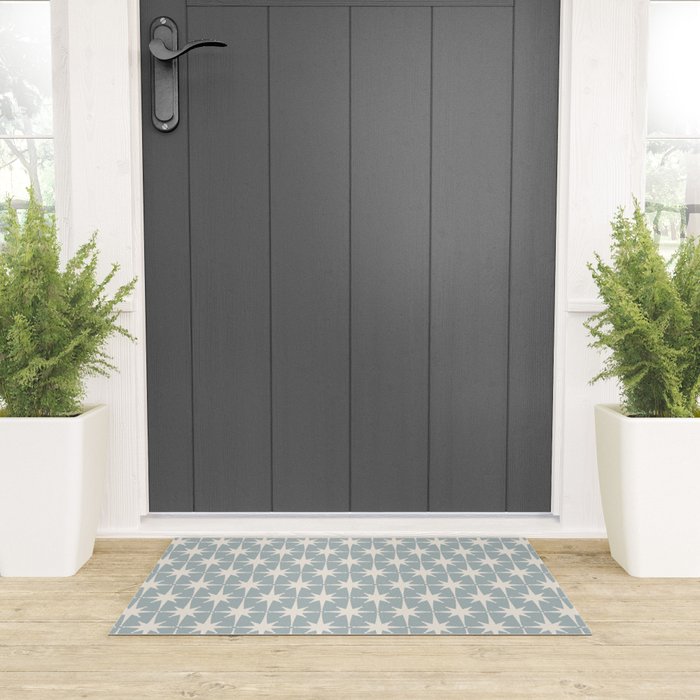 Midcentury Modern Atomic Starburst Pattern in Light Blue Gray and Cream Welcome Mat Gallery Image 3