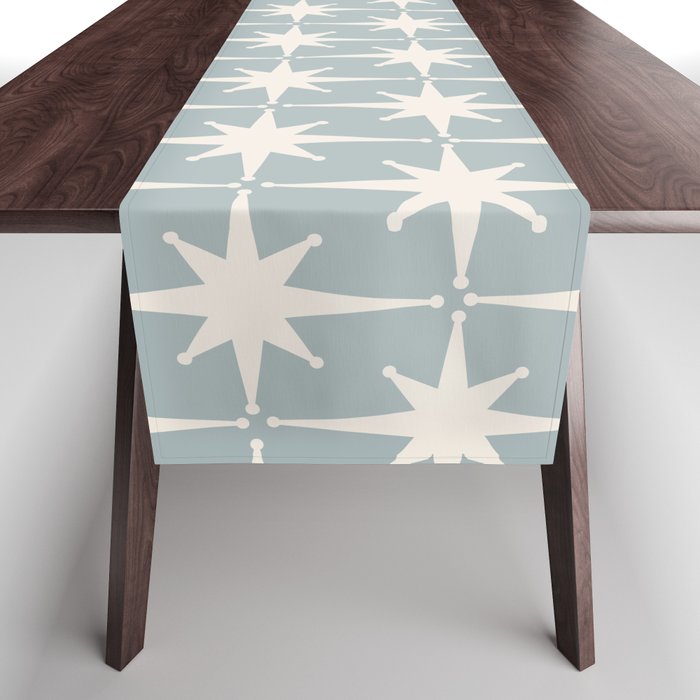 Midcentury Modern Atomic Starburst Pattern in Light Blue Gray and Cream Table Runner Gallery Image 1