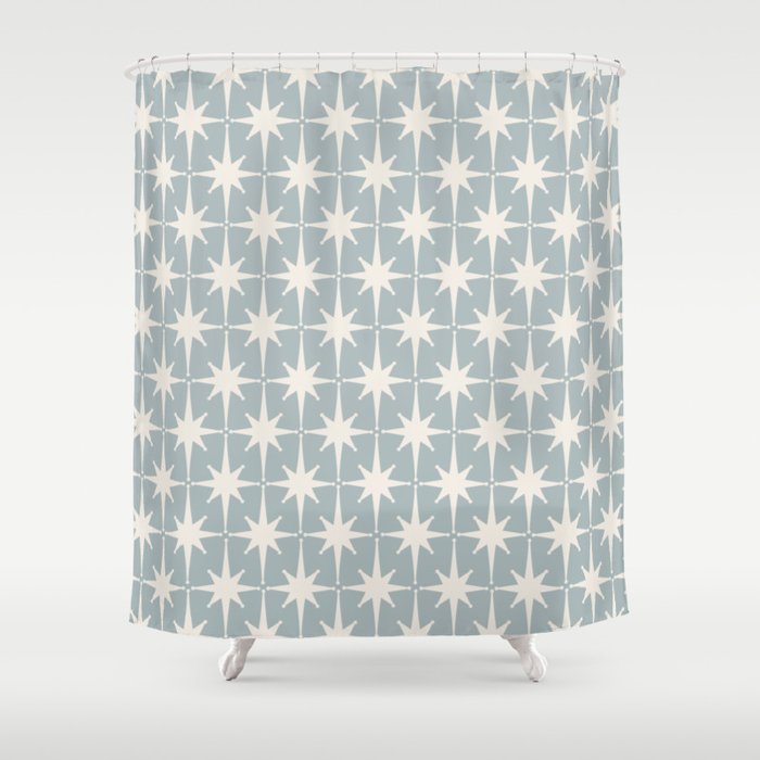 Midcentury Modern Atomic Starburst Pattern in Light Blue Gray and Cream Shower Curtain Gallery Image 1