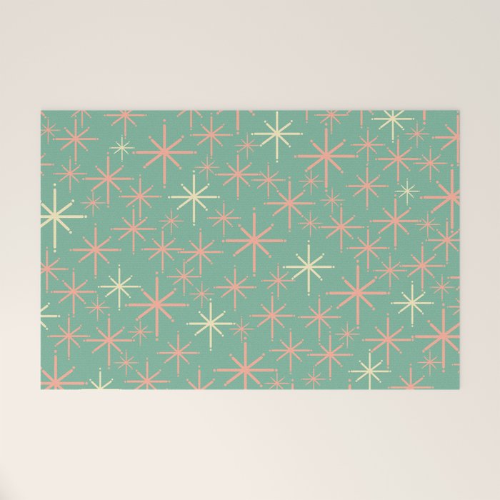 Starbursts Mid Century Modern Retro Pattern in Blush Pink, Cream, and Mint Teal Welcome Mat Gallery Image 1