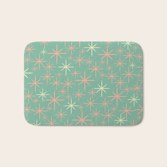 Starbursts Mid Century Modern Retro Pattern in Blush Pink, Cream, and Mint Teal Bath Mat Gallery Image 1