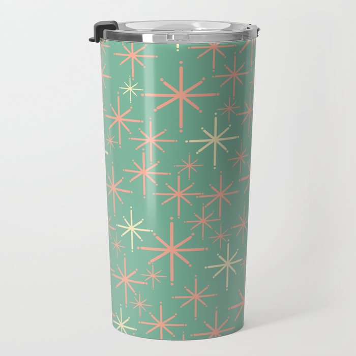 Starbursts Mid Century Modern Retro Pattern in Blush Pink, Cream, and Mint Teal Travel Mug Gallery Image 3