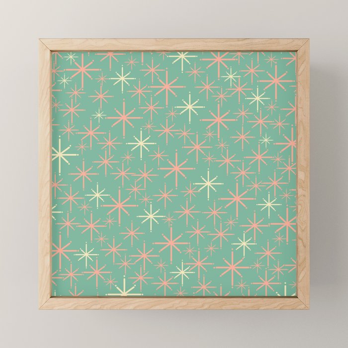 Starbursts Mid Century Modern Retro Pattern in Blush Pink, Cream, and Mint Teal Mini Art Print Gallery Image 1