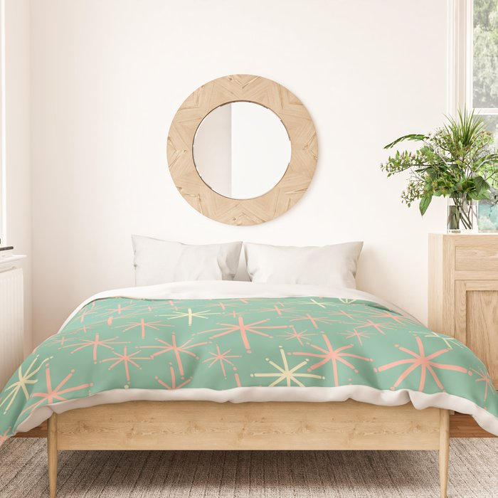 Starbursts Mid Century Modern Retro Pattern in Blush Pink, Cream, and Mint Teal Duvet Cover Gallery Image 3
