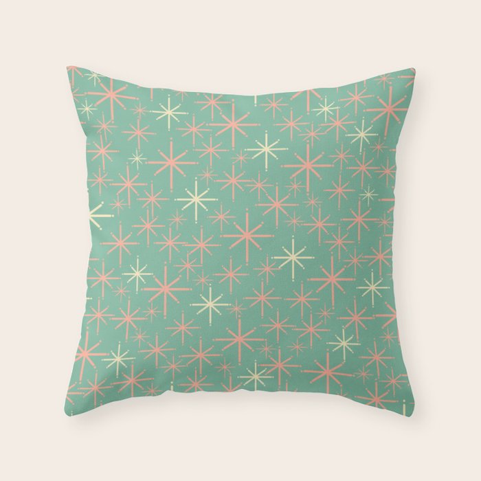 Starbursts Mid Century Modern Retro Pattern in Blush Pink, Cream, and Mint Teal Throw Pillow Gallery Image 6
