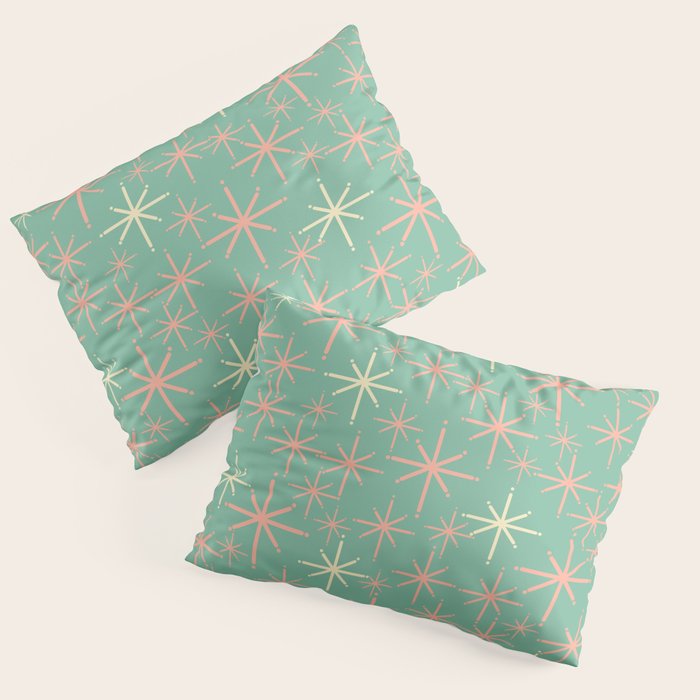 Starbursts Mid Century Modern Retro Pattern in Blush Pink, Cream, and Mint Teal Pillow Sham Gallery Image 1